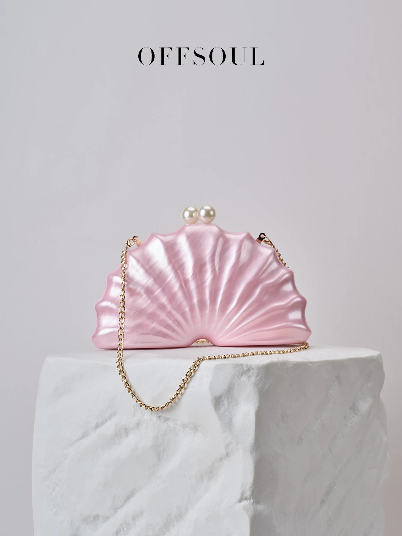 Vintage Lychee acrylic shell shape pearl detachable banquet clutch Versatile wedding dinner chain clutch 250320