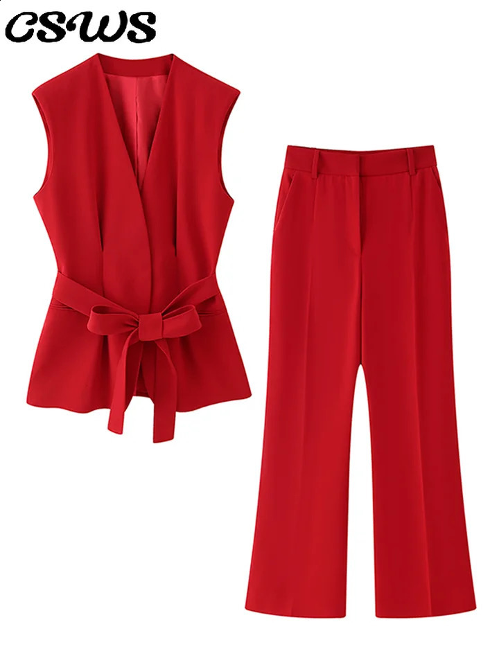 Elegant Red Vest Pant Women Sleeveless Lace Up V-Neck Top Pleated Straight Zipper Trousers 2025 Summer Loose Lady Commute Suit 250324
