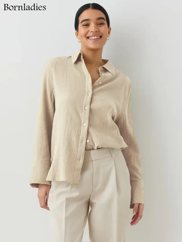 Bornlands Womens Spring/Summer 100% Cotton Shirt Office Womens Fashion Solid Womens Long Sleeve Loose Top Crepe Shirt 250322