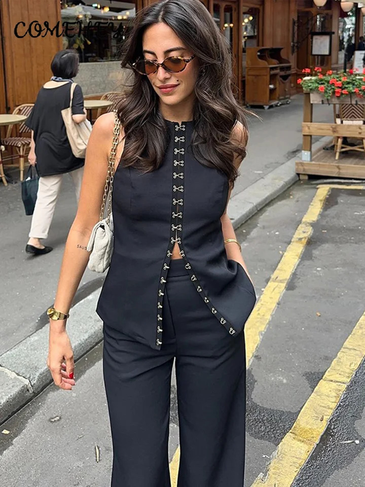 Elegant Pants Sets Women O-neck Sleeveless Single Breasted Slim Vest High Waist Straight Pant Summer Office Lady Outfit 250324