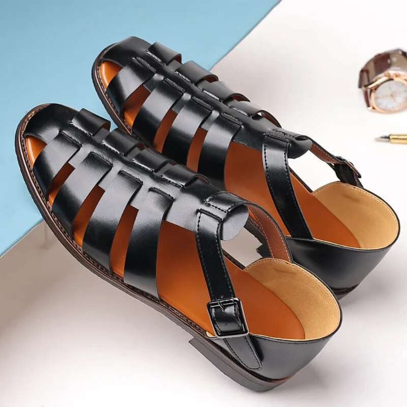 Summer New Men's Sandals High Quality Leather Roman Men Casual Beach Shoes Hollow Out sandalias Male Big Size 38-48