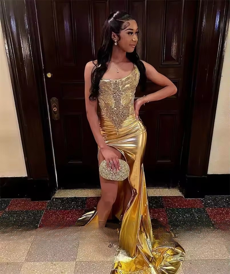 Sparkly Gold Dias Long Prom Dresses 2025 Beads Rhie Crystal Birthday Party Gown tail Reception Lace-Up Customized