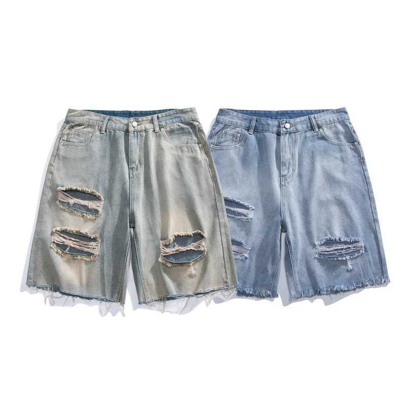 New Summer Straight Ripped Mens Baggy Jeans with Holes Korean Fashion Casual Loose Denim Shorts Male Streetwear Y2k Clothing T250603