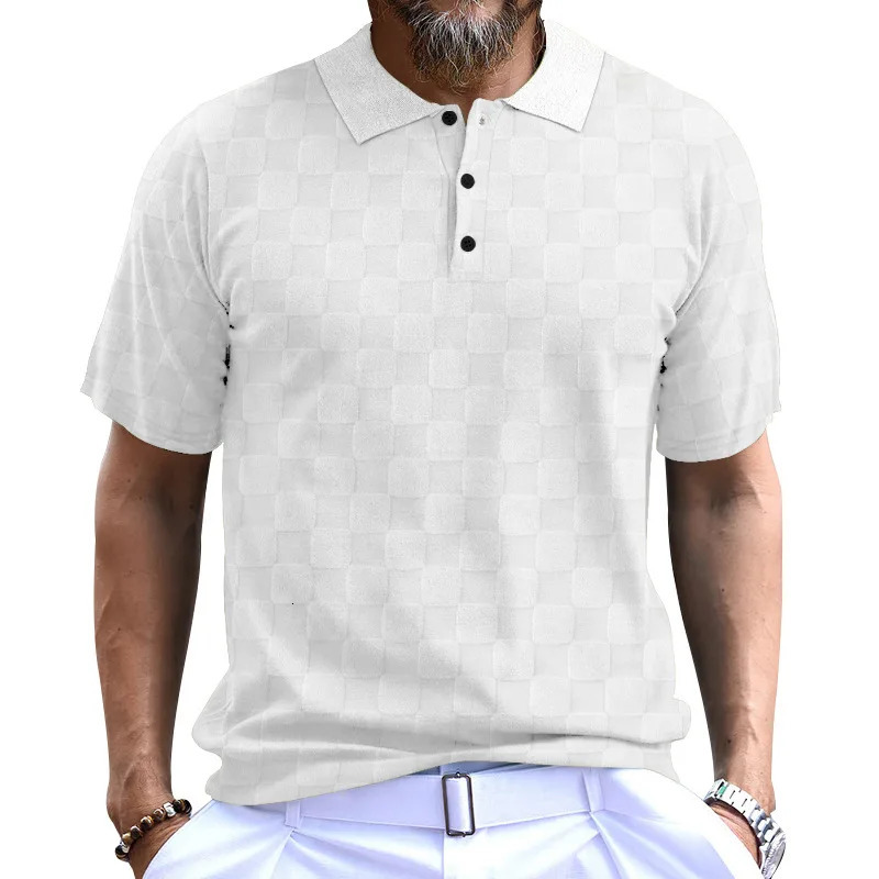 Mens short sleeved casual lapel polo shirt checkered Tshirt 250312