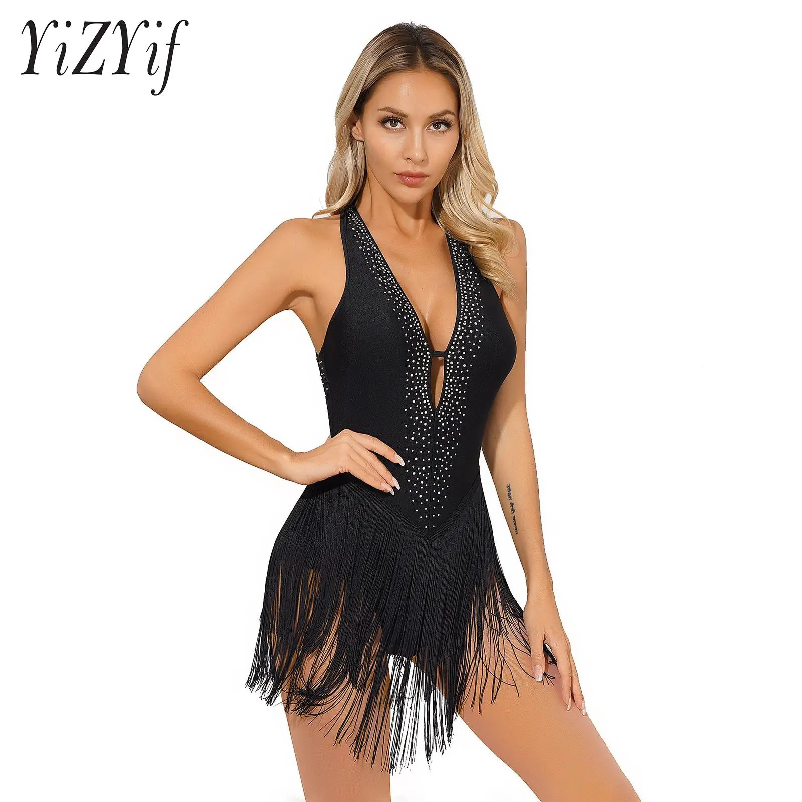 Womens Latin dance dress Rhinestone backless waistband tassel bodysuit pleated tango costume 250320