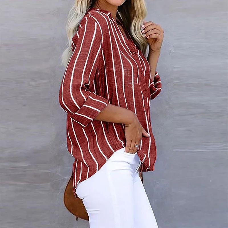 Womens casual loose striped shirt autumn retro womens oversized shirt and elegant young womens top 250322