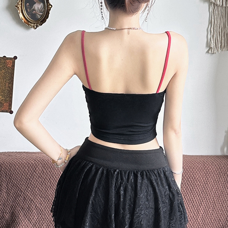 Sweet Spicy Sexy Hollow Waist And Exposed Navel Slimming Vest Pure Desire Style Lace Patchwork Bow Contrasting Suspender