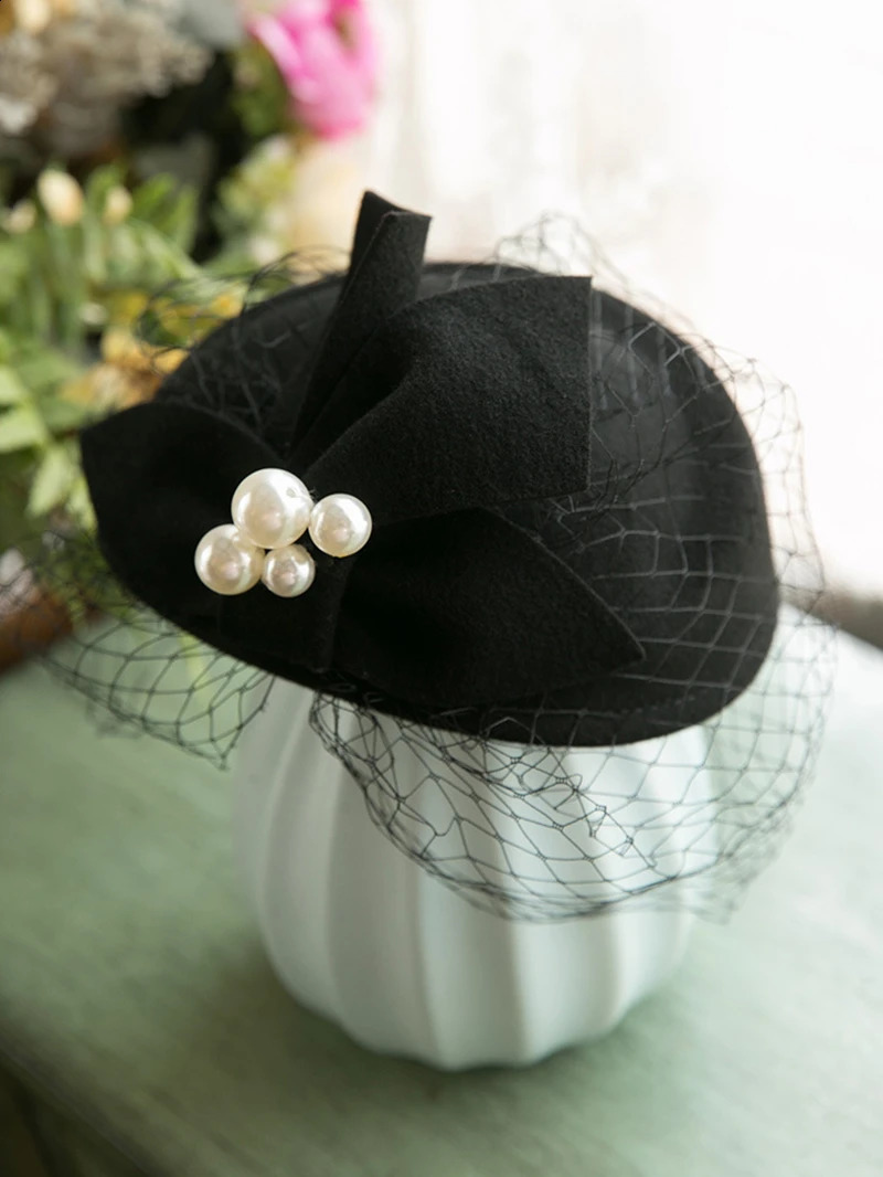 Winter Wool Bow Hat with VeilLadies Elegant French Style Party Wedding Bridal FascinatorWomen Vintage Ascot Derby Hat 250324