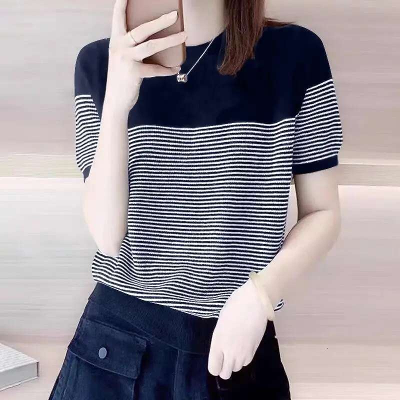 Women Summer T Shirt Vintage Striped Short Sleeve Tee Korean Fashion Round Neck Patchwork Tunics Casual Knitted Tops