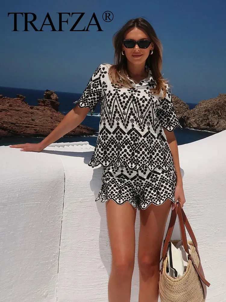 TRAFZA Womens Embroidered Shirt Shorts Set Flip Collar Short Sleeve Casual Side Zipper Street Clothing Y2K 250322