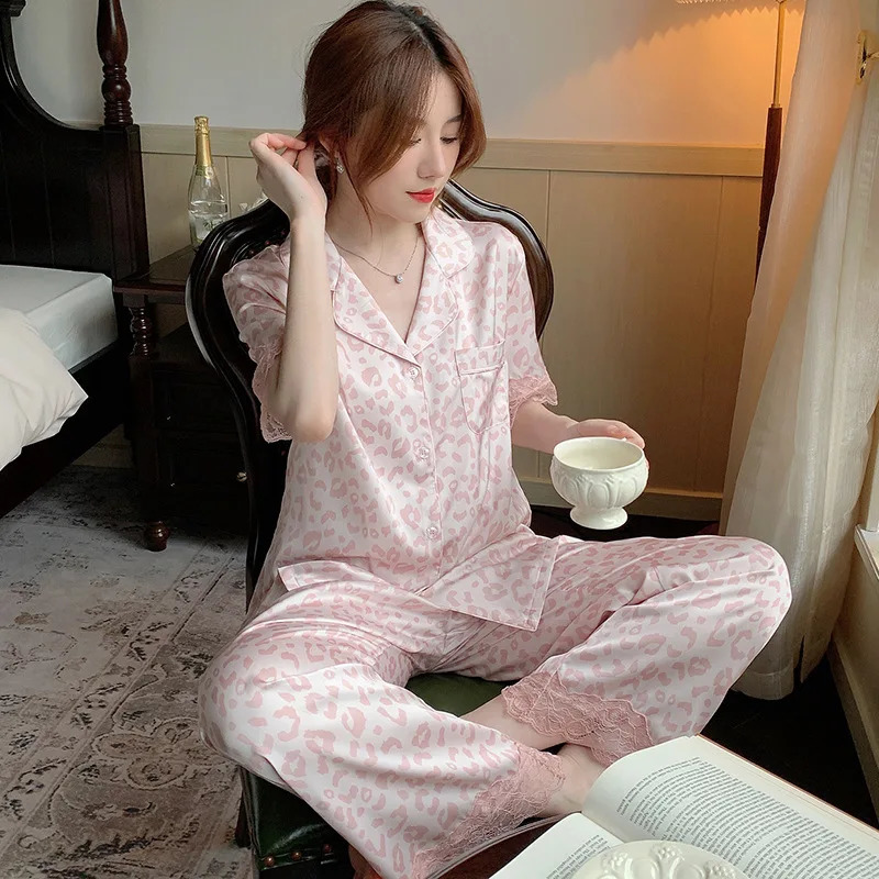 M-2XL loose silk sleepwear womens summer V-neck letter printed home set dyed sleepwear set womens sleepwear unprinted sleepwear 250321