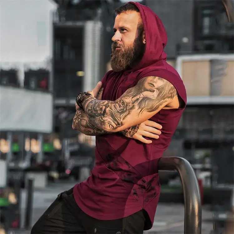 Mens leisure sports vest fitness show muscle mens sports leisure running training clothes sleeveless hooded sweatshirt outdoor street X250324