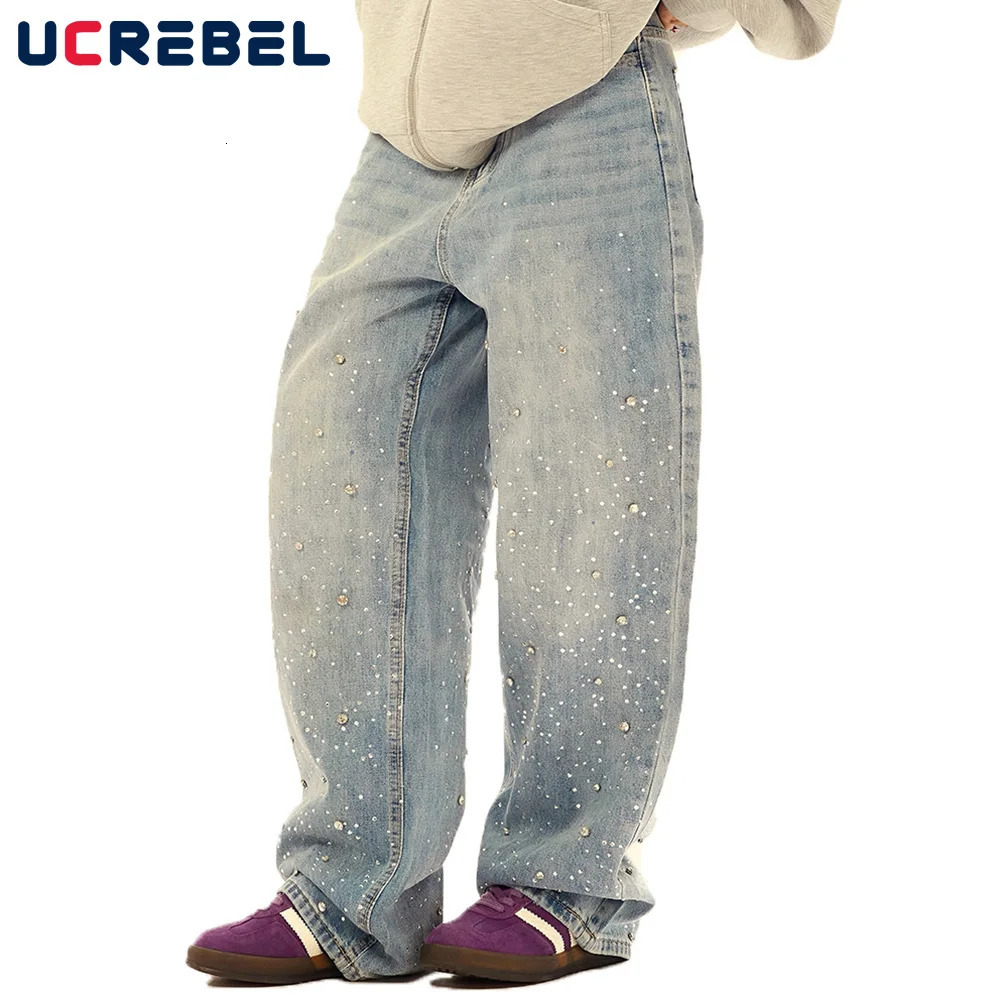 Diamond washed denim jeans mens high street loose straight wide leg pocket Trouser 250320