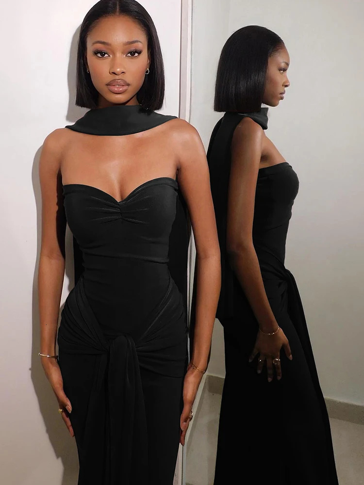 Weird Puss Elegant Strapless Dress Women Solid ScarfBackless Cross Knot Tassel Trend Prom Party CLassic Outfits 250320