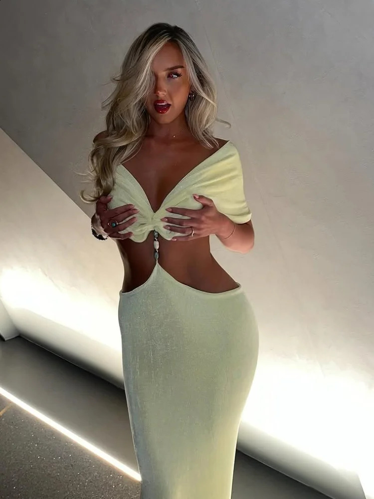 Elegant V Neck Pleating Yellow Maxi Dress For Women Fashion Cut Out Slim Fit High Waist Robes Summer Holiday Beach Dresses 250324