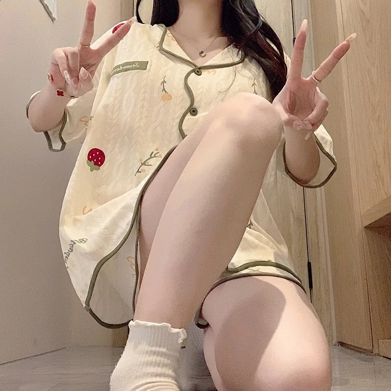 Korean pajama set womens summer casual wear pajama sweet collar Kawaii bear print pajama Japanese family set 250321