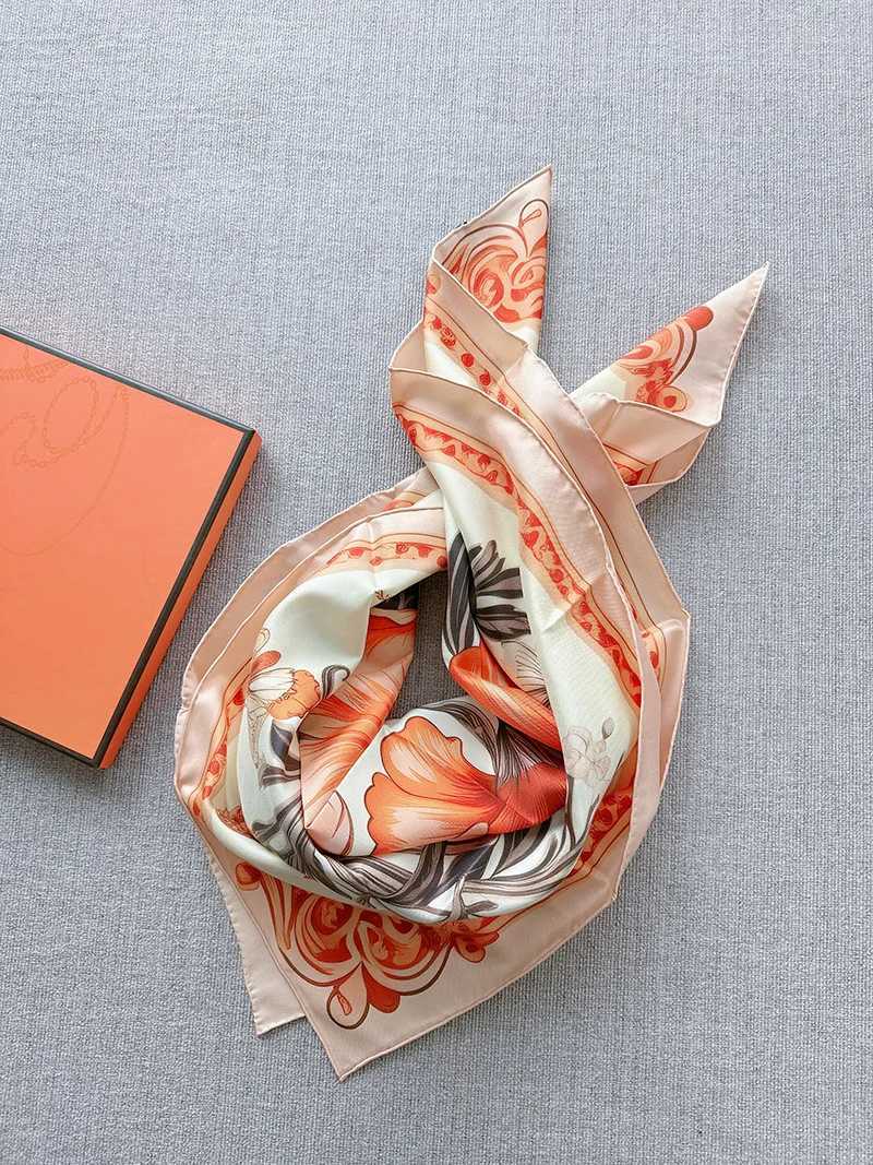 Orange Shawl Wan Neck Scarves Flowers Twill Scarf w HandkerChief Wan Square Silk Hijab Bandana 90 90 Luxury Scarf X250324
