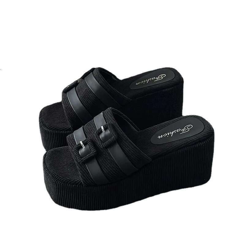 Square Head Platform Slippers Belt Buckles Corduroy Open-toe Women Summer New Designer Shoes Fashion Wedge Sandals