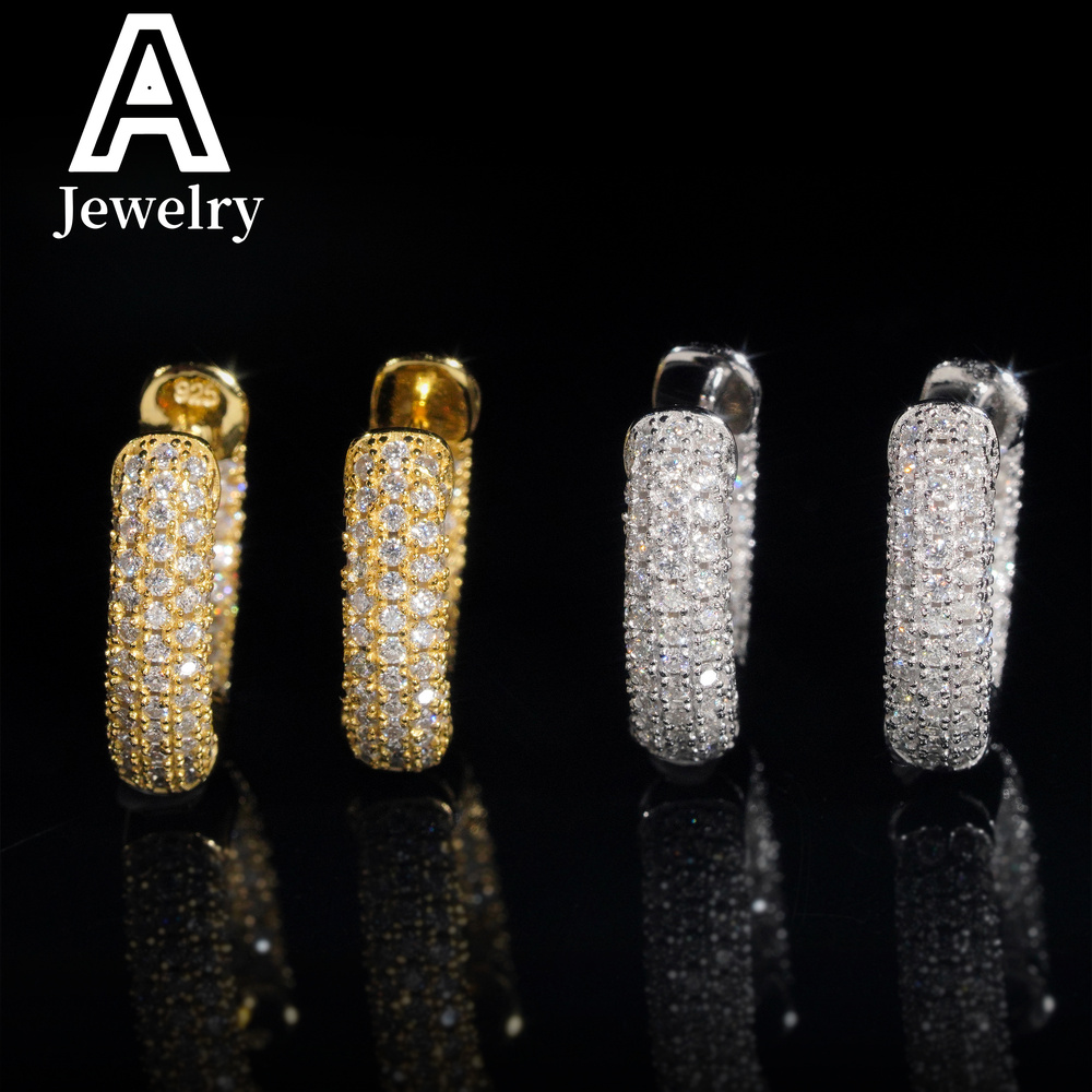 Fine jewelry Moissanite Diamond Earrings 925 Silver Jewelry Trendy Hip Hop Hoop Ear rings 3 Rows Diamonds For Men Women