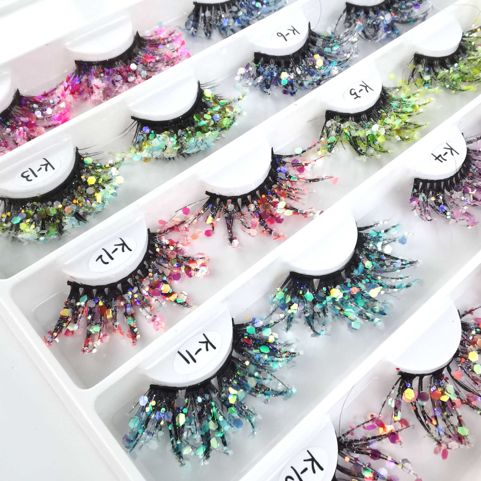 25mm color luminous 3D false eyelashes natural makeup stage makeup glitter powder Sequin drill thick exaggerated eyelashes W250324