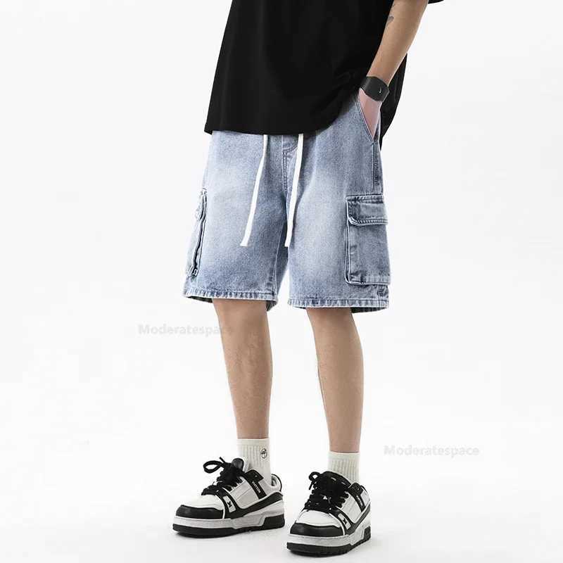 Summer Retro Fashion Denim Shorts for Men Loose Straight Leg Multi-pocket Short Jeans With Elastic Waist and Drawstring Male T250603