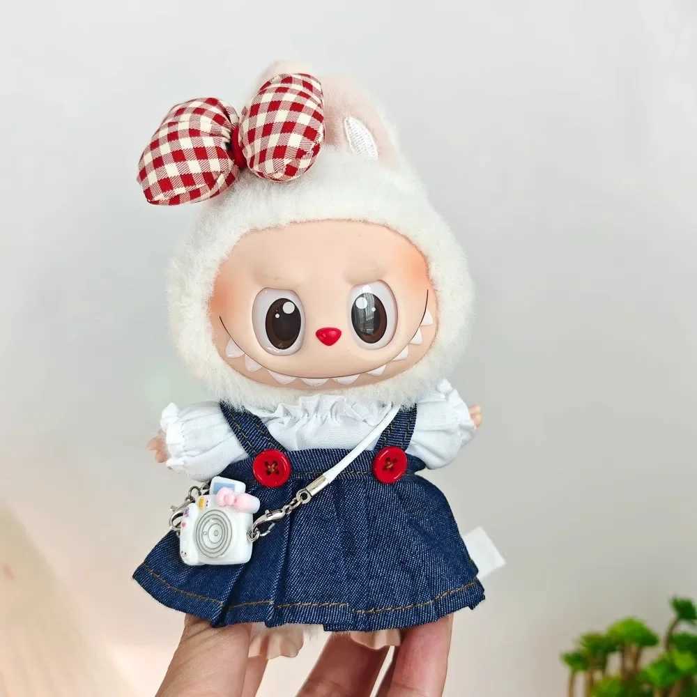 17cm Labubu doll accessory denim skirt with red bow headband setXJ250324