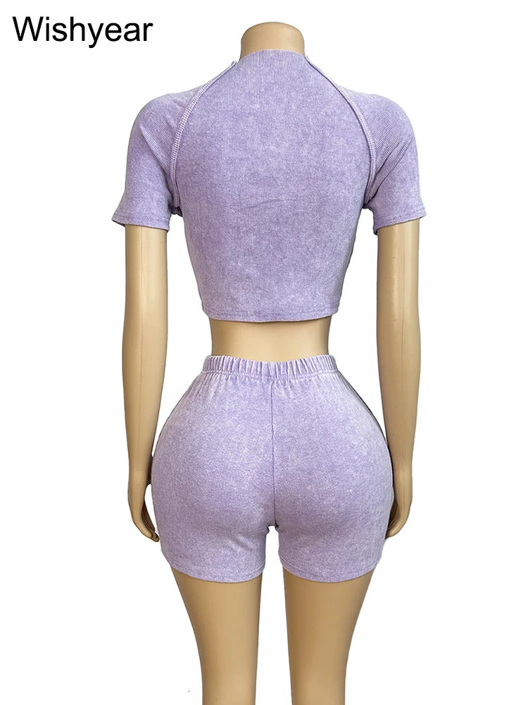 Casual black knitted ribbon short sleeved crop top and shorts two-piece sportswear for female cyclists track and field clothes for birthdays and summe