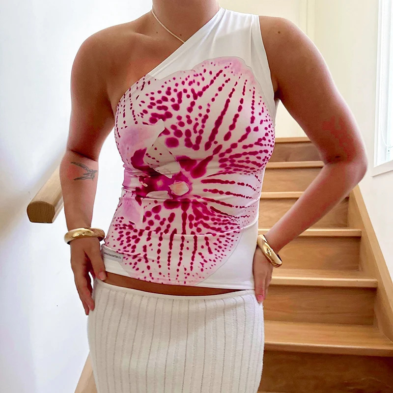 CUTENOVA Floral Print Fitted Tops Women Resort Wear Graphic Tees Summer Casual One Shoulder Slash Backless Tank Top 250324