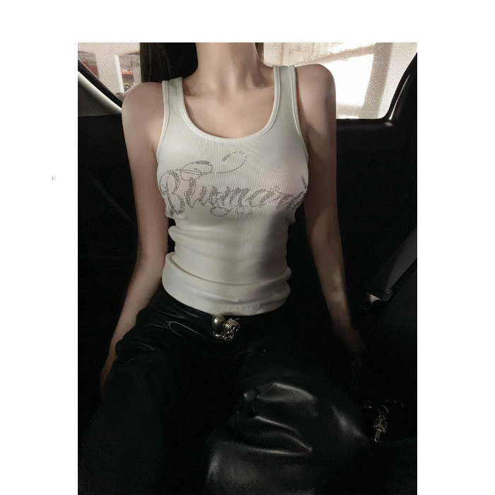 20205 New Designer Vest Letter Hot Diamond Shoulder Strap Vest Women's Slim Fit Sleeveless T-shirt Bottom Top