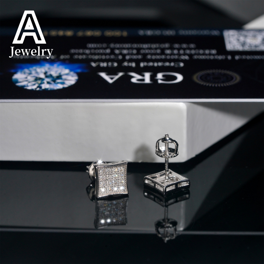 Fashion Jewelry Top Quality Moissanite Earrings Unisex 925 Silver Square Shape Hip Hop Ear Studs With GRA Certif