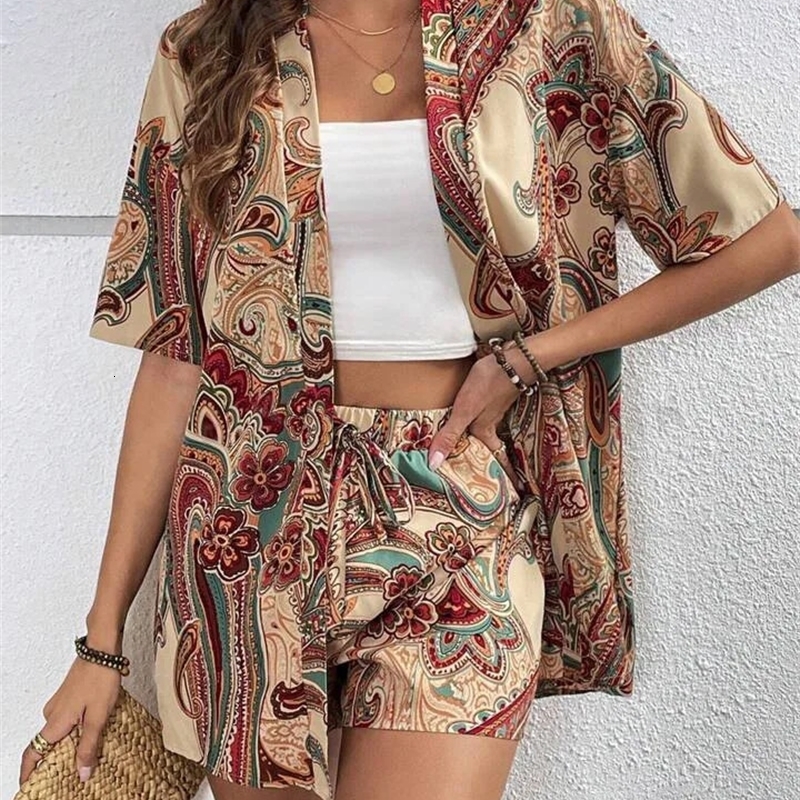 Plant Printing Shorts And Shirt Set Womens Comfortable Faux Windsuit TEMU European And American Cross-Border Style 250317