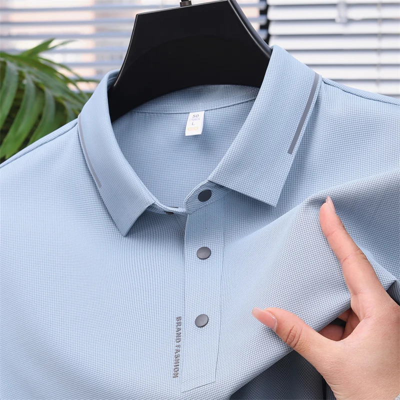 Business polo shirt solid color quick drying Versatile top ice silk seamless short sleeved Tshirt mens 2024 summer item 250312