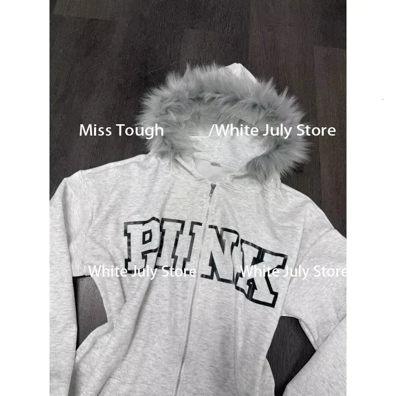 Vintage Y2k Aesthetic Grunge Letter Print Zippers Hoodies Women Coat Casual Gray Femme Korean Fur Patchwork Hooded Sweatshirts 250324
