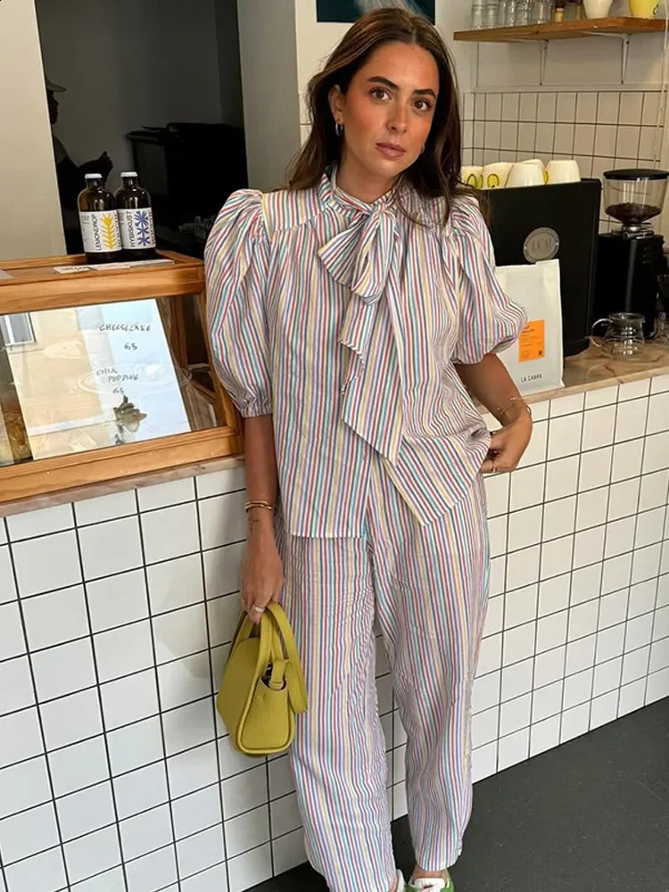 Vintage Women Colorful Stripe Lace Up Bow Shirt Pant Suit Chic Lantern Sleeve Straight Trousers Set Spring Vacation Lady Outfit 250324