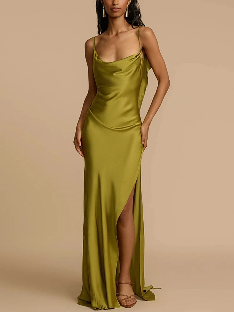 Drauuing Womens Summer Green Seam Long Dress Fashion Backless Hollow Skirt Pendant Satin Vestdos 250322