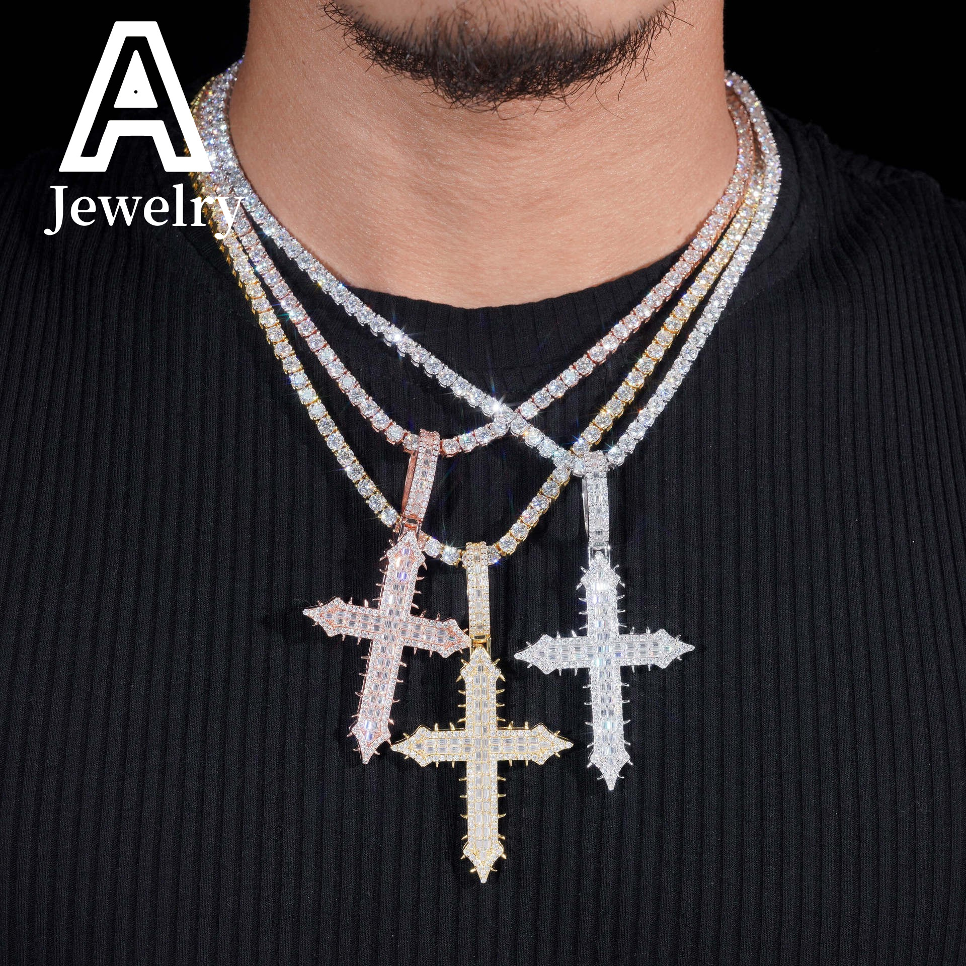 Ready to Ship Hip hop cross pendant 925 sterling silver moissanite pendant iced out shining cross pendant