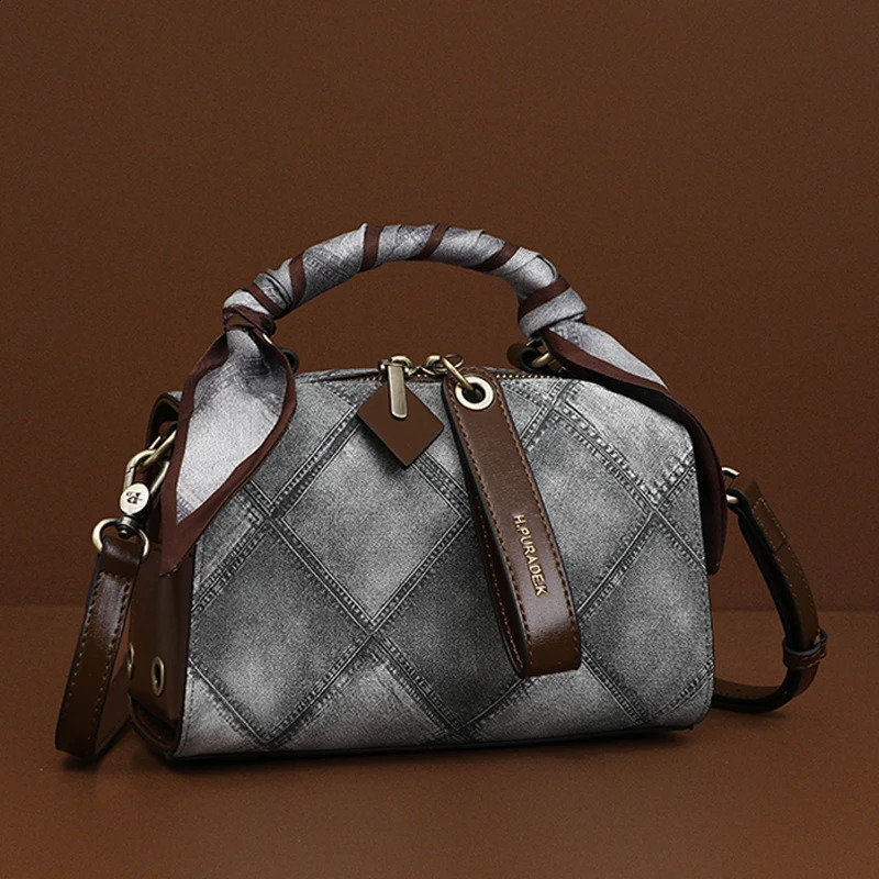 2024 Womens Elegant Grey Genuine Leather Bag Printed Cross Body Boston Handbag Pillow 250317