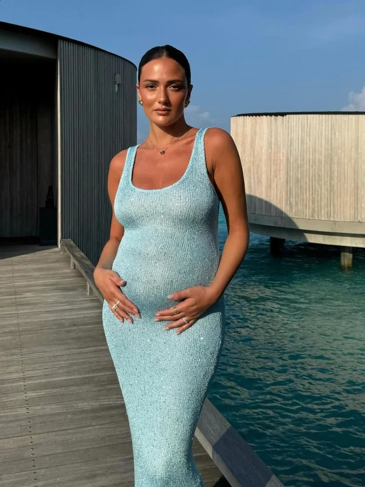 Summer Sequin Slim O Neck Maxi Dress Female Backless Glitter See-through Sexy Solid Shiny Dresses 2025 Womens Long Vestidos 250324