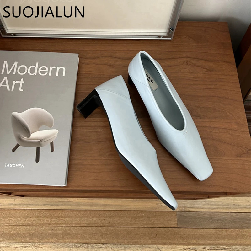 SUOJIALUN Autumn Women Pumps Shoes Fashion Shallow Slip On Ladies Eelgant Single Shoes Square High Heel Outdoor Dress Pumps 250322