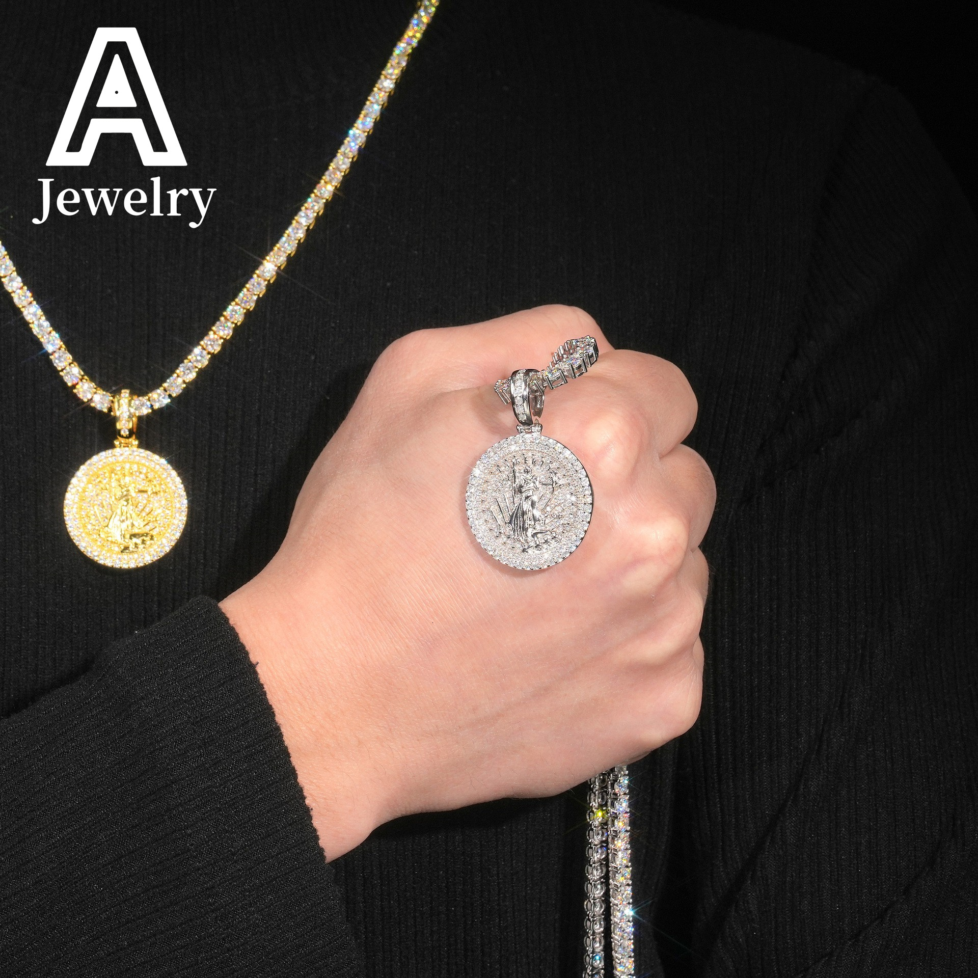 Fashion Ready Made Free Chain Gold Coin Pendant Lady Liberty Goddess Manufacturers 925 Moissanite Hip Hop Gifts Idea