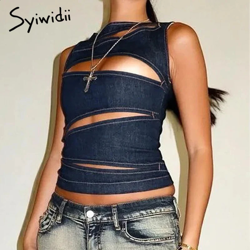 Syiwidii irregular hollow denim vest womens sleeveless O-neck ultra-thin vest summer sexy streetwear womens top 250320