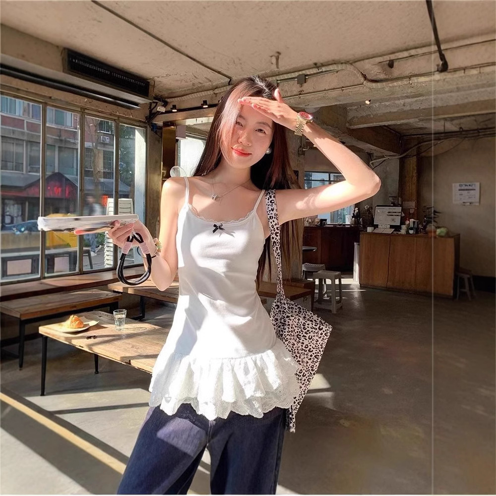White Camisole Vest Women In Spring And Summer Slim Fit Outer Layered For Inner Wear Ballet Style Hem Lace Base Top