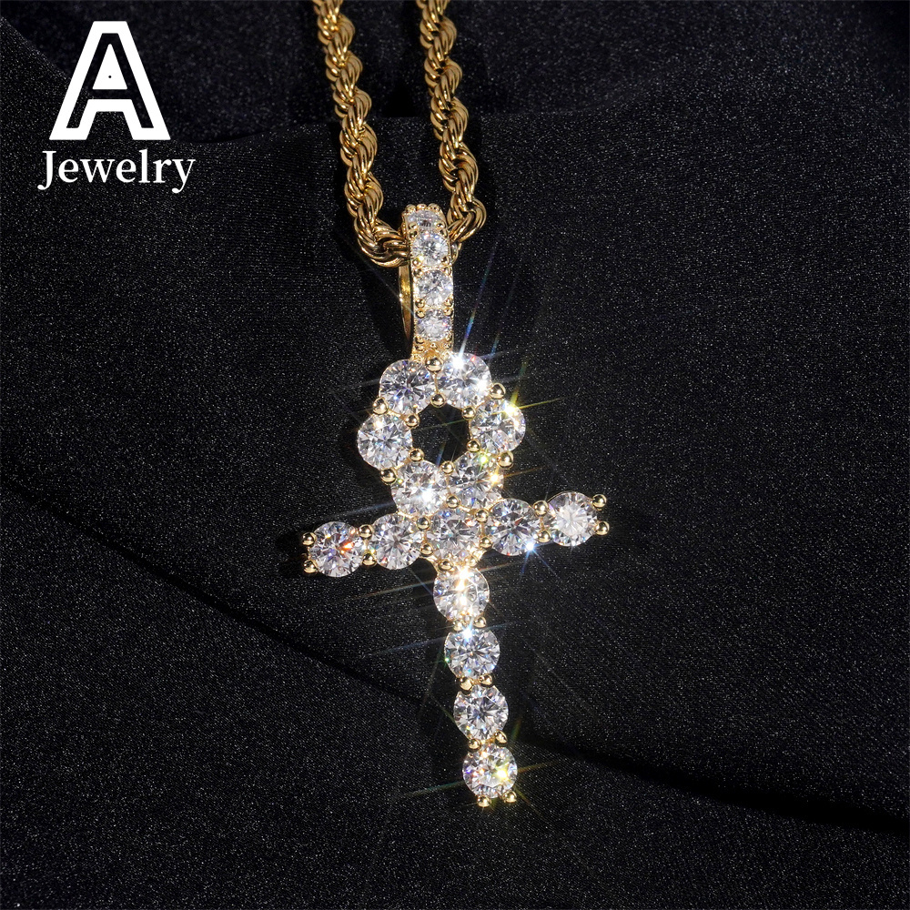 Iced out hip hop jewelry 925 silver vvs moissanite cross pendant men women 4mm circled cross charm pendants with rope chain