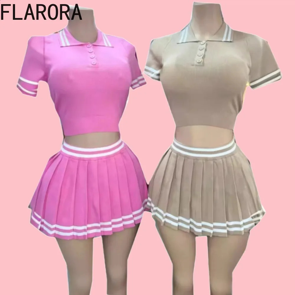 FLARORA Fashion College Style Stripe Splicing Pleated Mini Skirts Two Piece Sets Y2k Woman Polo-collar Tops And Skirts Outfits 250320