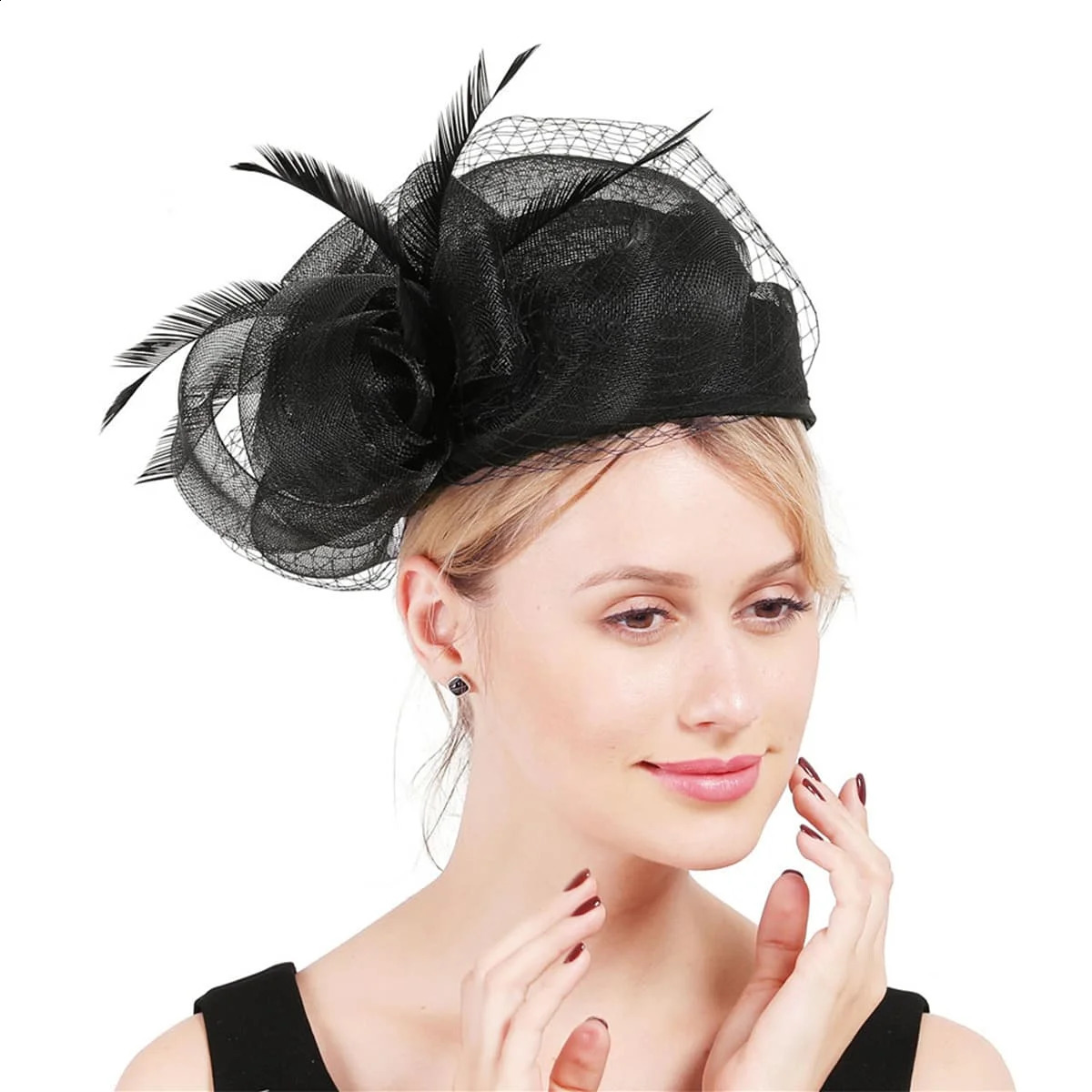 Sinamay Bridal Wedding Red Fascinators Hats For Woman Church Cocktail Tea Party Dress Elegant Derby Cap Hat With Feather Veil 250324