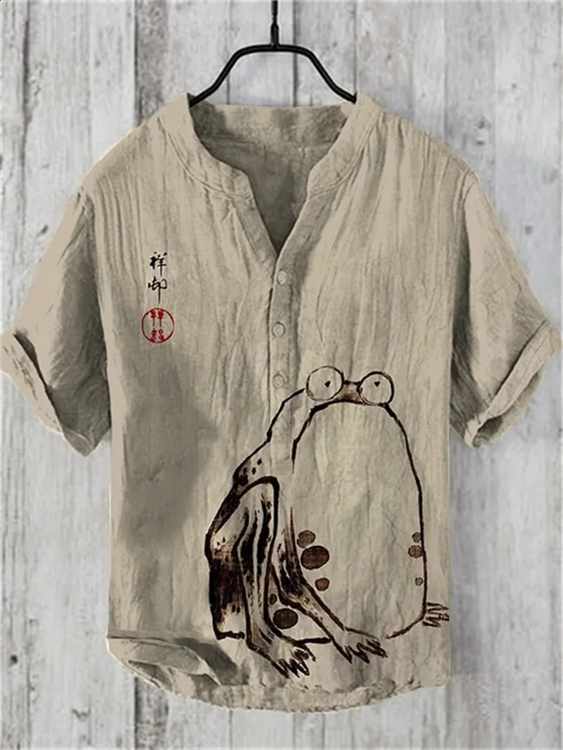 Summer Mens Vneck Short Sleeve Tshirt Casual Print The Great Wave Off Kanagawa Linen Blended Shirt Clothing Tees Tops 250311