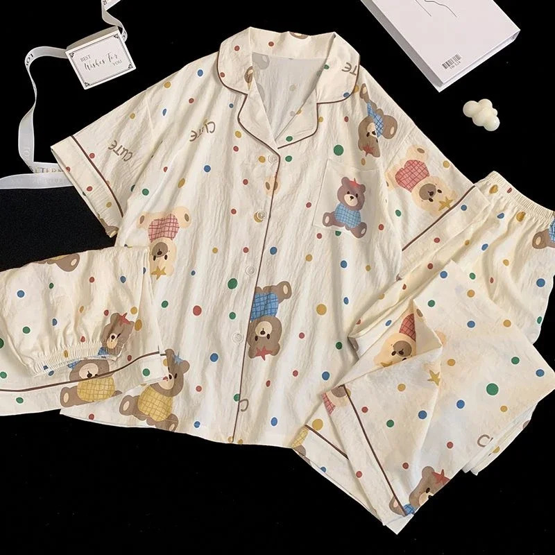 Colorful cartoon printed womens 3-piece pajamas Kawaii Sweet Cloud Cotton Homewear Spring/Summer pajamas 250321