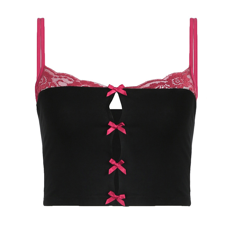 Sweet Spicy Sexy Hollow Waist And Exposed Navel Slimming Vest Pure Desire Style Lace Patchwork Bow Contrasting Suspender