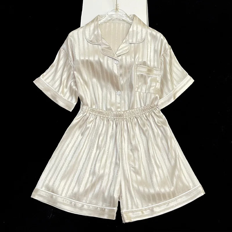 Stripe Minimalism and Fashion Instagram Style Womens Summer Short sleeved Pajama Set Thin Home Clothing Ice Silk 250321