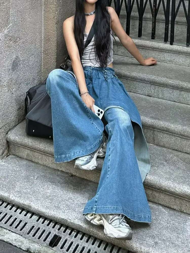 Slightly Fat Spice Girl Design Sense Irregular Splicing Jeans Women 2024 Autumn And Winter New Fake Two-Piece Thin Flared Pants